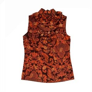 Anna Sui‎ ruffled sheer sleeveless metallic gold floral orange blouse Paisley M